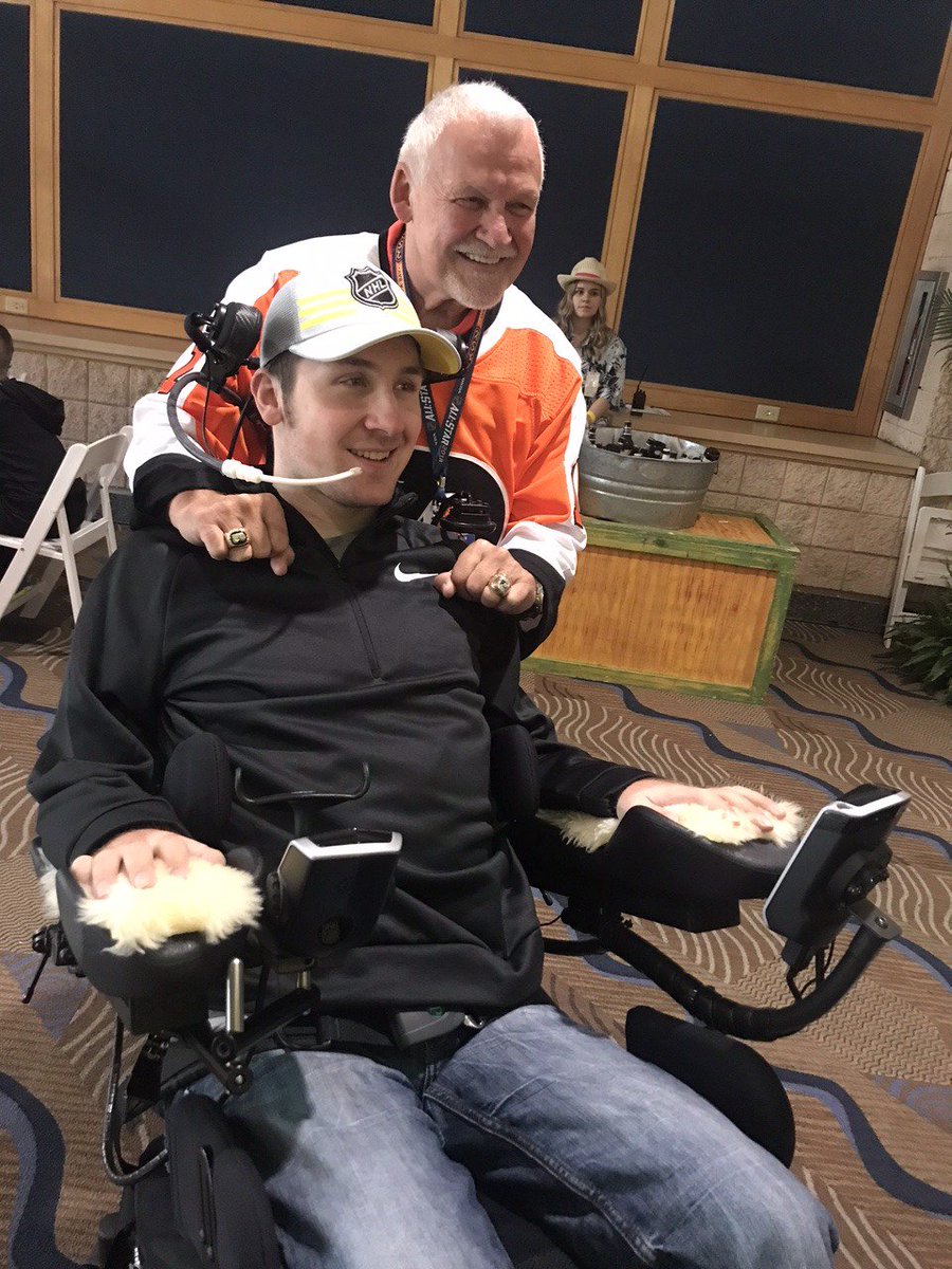 carrollgs's tweet photo. How cool is this? MN native Matt Olson, the former @TotinoGrace HS hockey player, who suffered a neck injury playing Jr. hockey that left him paralyzed, got to meet @NHLFlyers goalie great @BernieParent1 during 2018 @NHL All-Star Game. https://t.co/m3DONarH3s