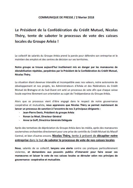 vent2bout's tweet photo. [🗞 COMMUNIQUE] Quand le pdt de la confé du @CreditMutuel, Nicolas Thierry, tente de saboter le processus de vote de nos caisses locales à coup de sanctions à l’encontre de nos dirigeants !!! Nous dénonçons ces pratiques et ces manœuvres de déstabilisation 😠 #ArkeaMonChoix https://t.co/mpi4PvazVv