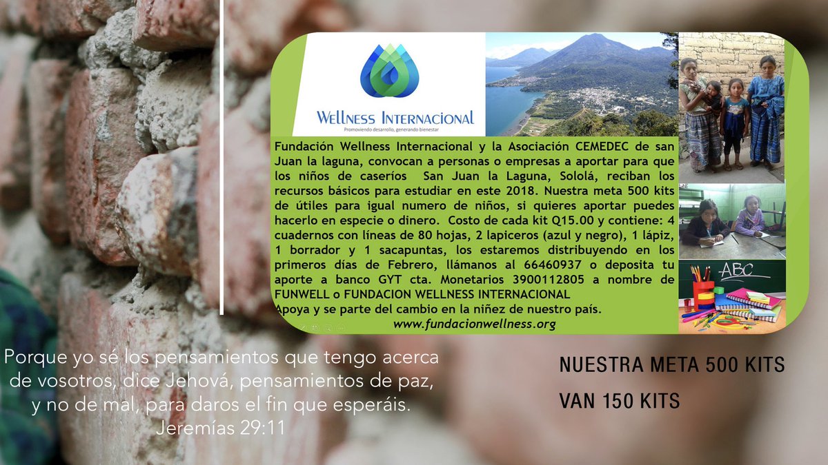 Funwellness's tweet image. Apoyemos la iniciativa # ÚTILES CON PROPÓSITO para 500 niños de San Juan la Laguna, Solola. Promoviendo desarrollo generado bienestar.