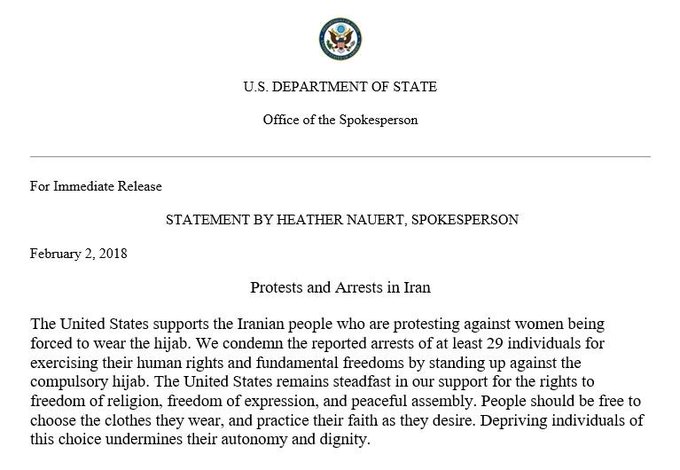 Statement by Spokesperson Heather Nauert on Protests and Arrests in Iran