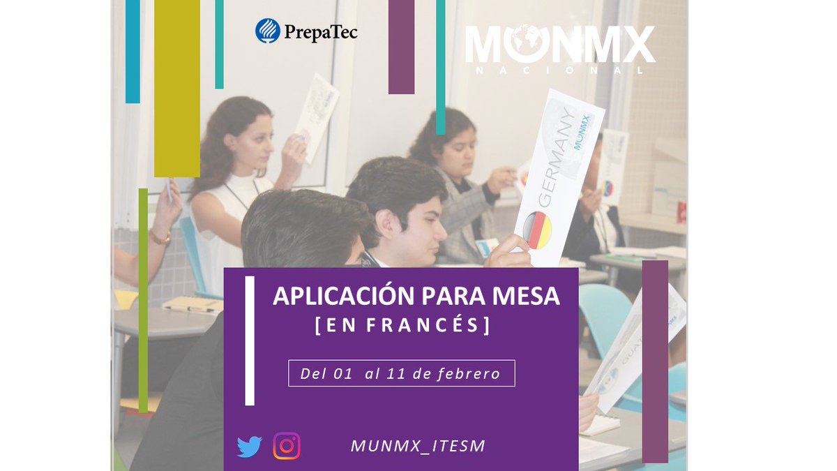 MUNMX_ITESM's tweet photo. ¡Envía tu aplicación para participar como mesa en francés del 1 al 11 de febrero!
https://t.co/b0LOaMAbKZ https://t.co/QRrrK9ohko