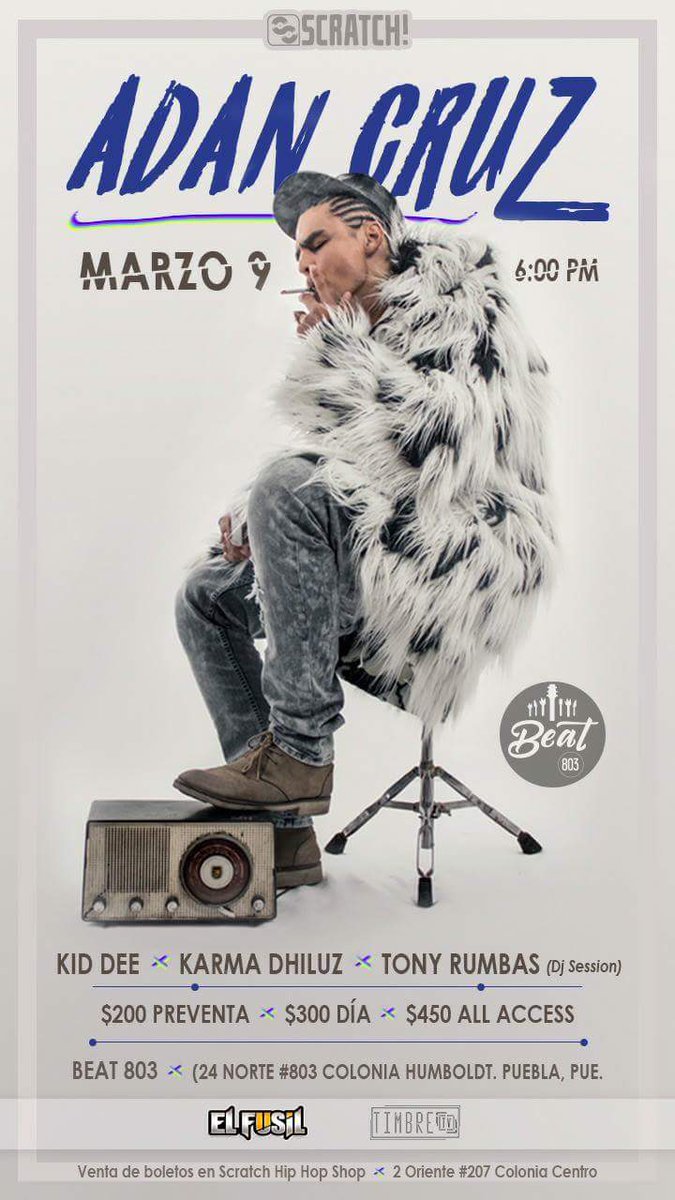 beatpueblamx's tweet photo. Les recordamos que @AdanCruzMx nos visita el próximo 09.03.18. Engalanando la noche #Kiddee #KarmaDhiluz #TonyRumbas. Preventa $200.00 en #ScrathHipHopShot 2 Ote. 207. Centro. Puebla. El dia $300. All Access $450. https://t.co/QmJYg2o01l