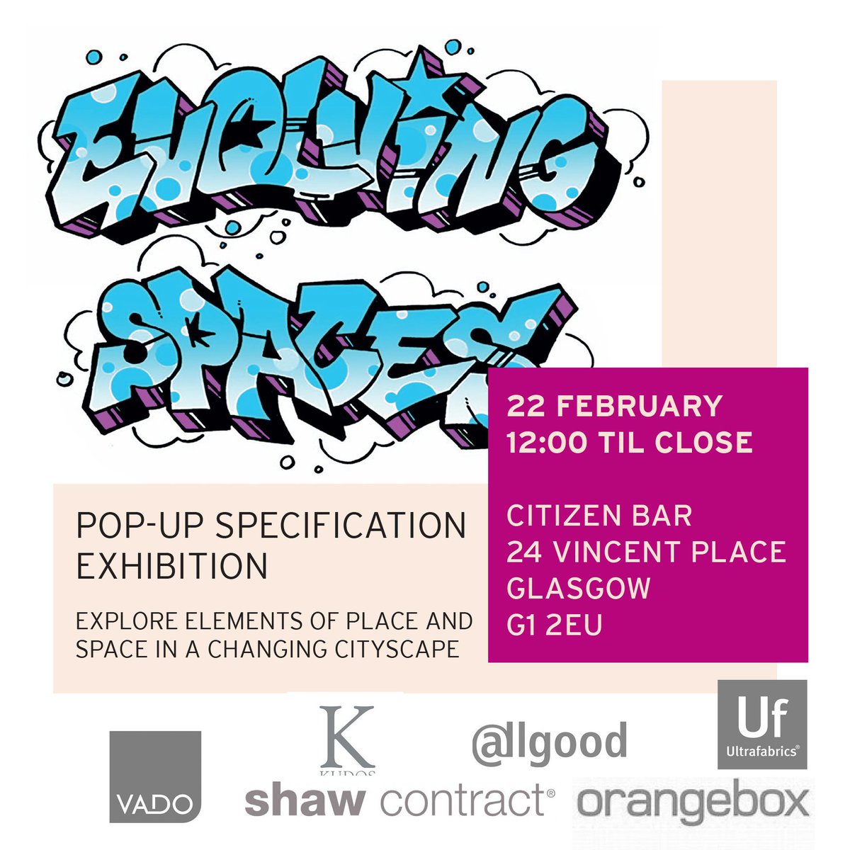 JLBramwell's tweet photo. Less than 3 weeks to go until our #evolvingspaces exhibition at the Citizen bar in Glasgow, come and visit us... @Allgood_plc with @ultrafabricsllc @ShawContract @Orangebox_Ltd @VADO_uk @kudosshowersltd https://t.co/GmMDda6gVR