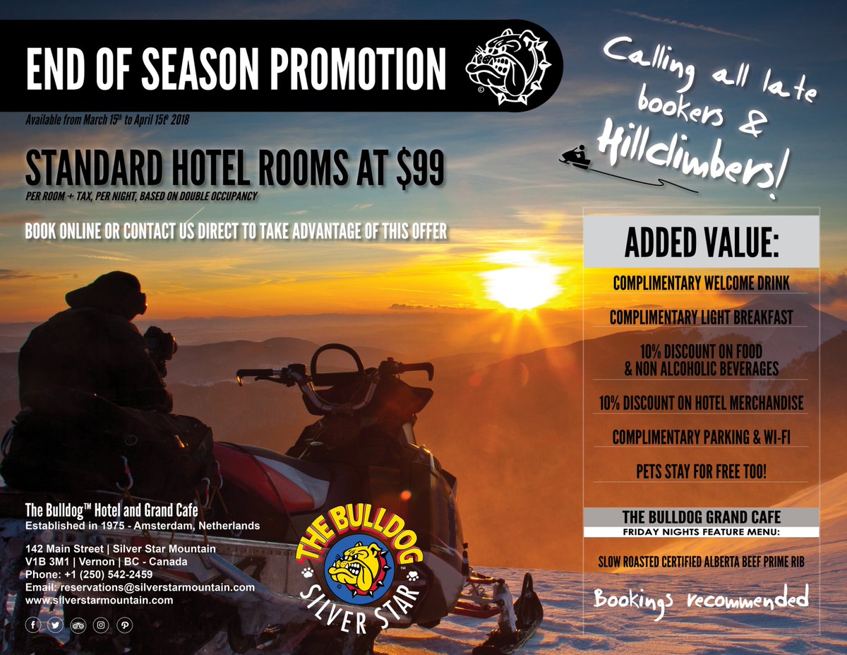 TheBulldogCAN's tweet photo. Calling all late bookers and hillclimbers! From March 15th until April 15th 2018, we are offering STANDARD HOTEL ROOMS AT $99 + tax! 
Room rate includes a free drink, light breakfast and more...
@BCSnowmobile 
@Icetrack
@ArcticCat
@SkiDooOutlet
@Timbersled
@PolarisORV
@Yamaha https://t.co/Rs7MIk4Hz7