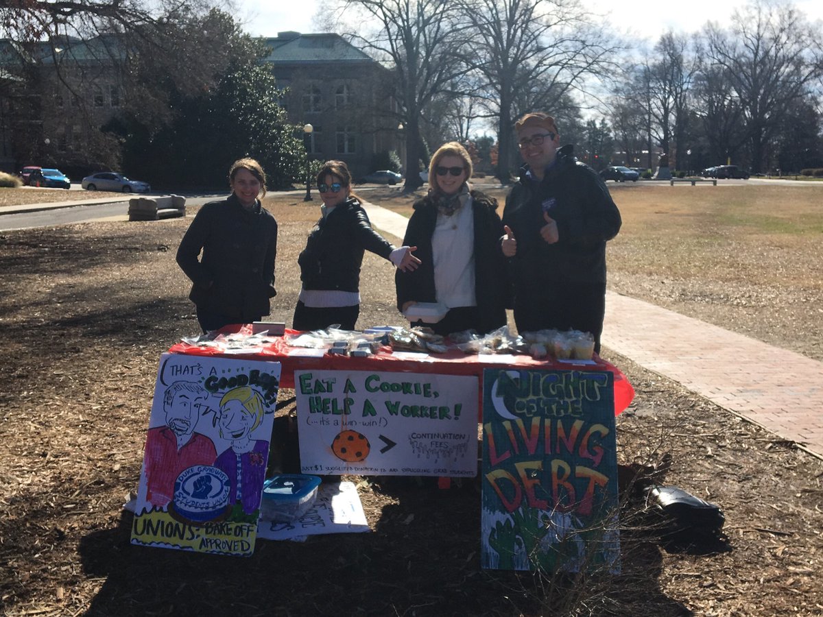 dukegradunion's tweet photo. Come to the East Campus bus stop to buy yourself a treat on this cold and windy Friday! #dukegradunion #bakesale #cookies #savethegraduatestudents https://t.co/UdJbk3P3Oy