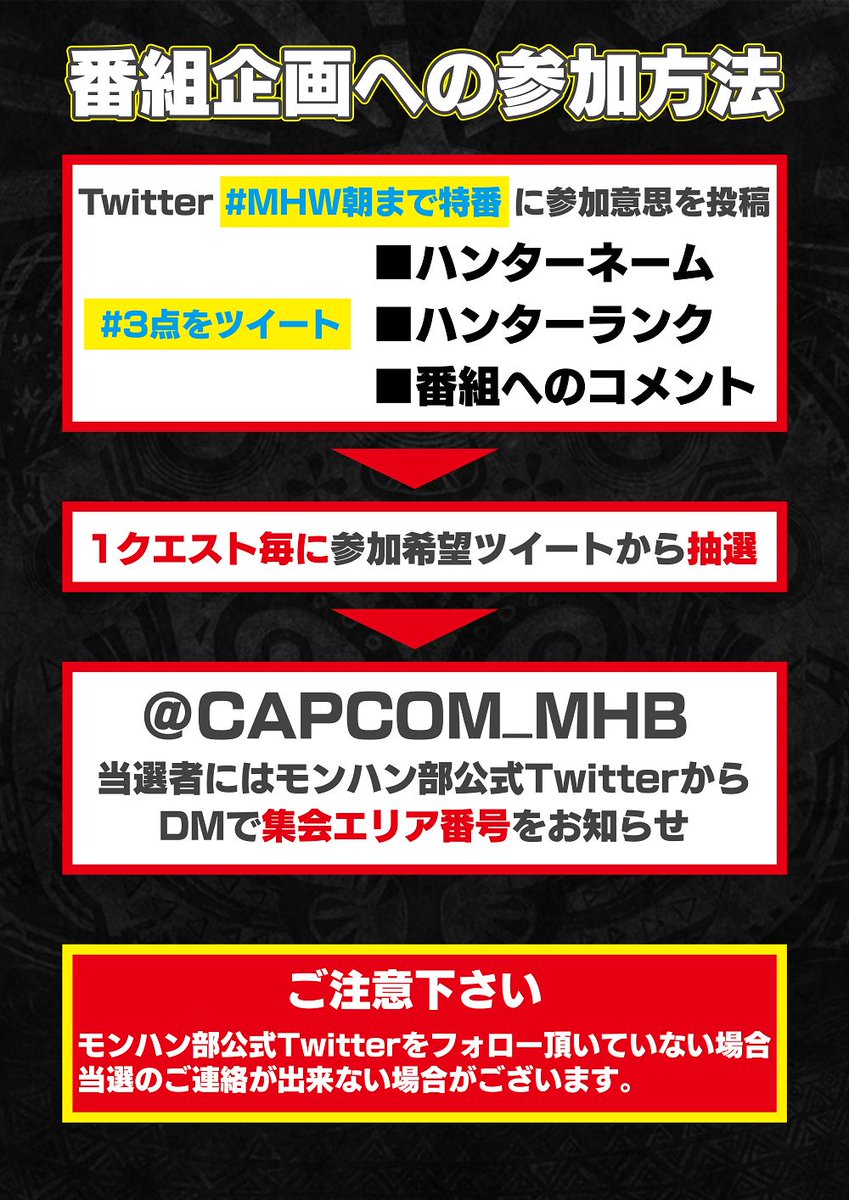 モンスターハンターワールド アイスボーン公式 参加方法のお知らせ ハッシュタグ Mhw朝まで特番 をつけて ハンターネーム ハンターランク マルチプレイ参加への意気込み コメント 上記３点をツイートしてください そのツイートをした方の中