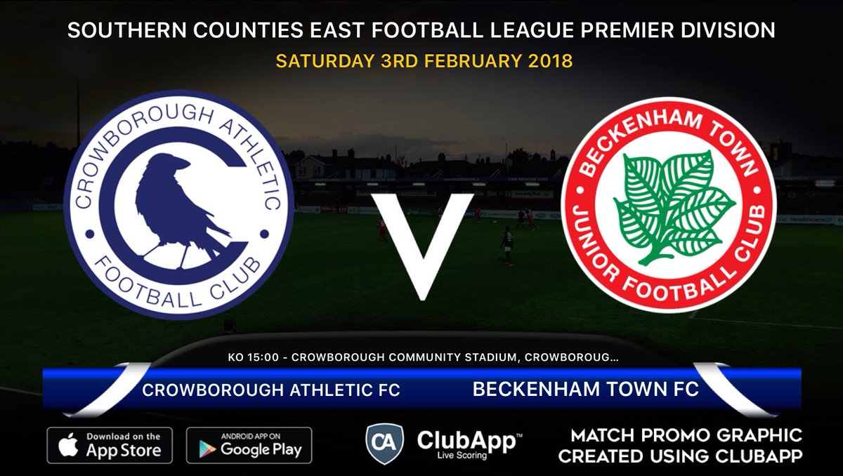 CrowboroughAFC's tweet photo. Sat 3rd Feb
@CrowboroughAFC Vs @beckenhamtownfc
KO 15:00 at Crowborough Community Stadium, Crowborough TN6 3BU.
Big game for both teams tomorrow and it should be an entertaining affair. Get down to the ground and support the Crows.
Match Promo Created on @ClubApp
#ClubApp https://t.co/6P8EnDPb9t