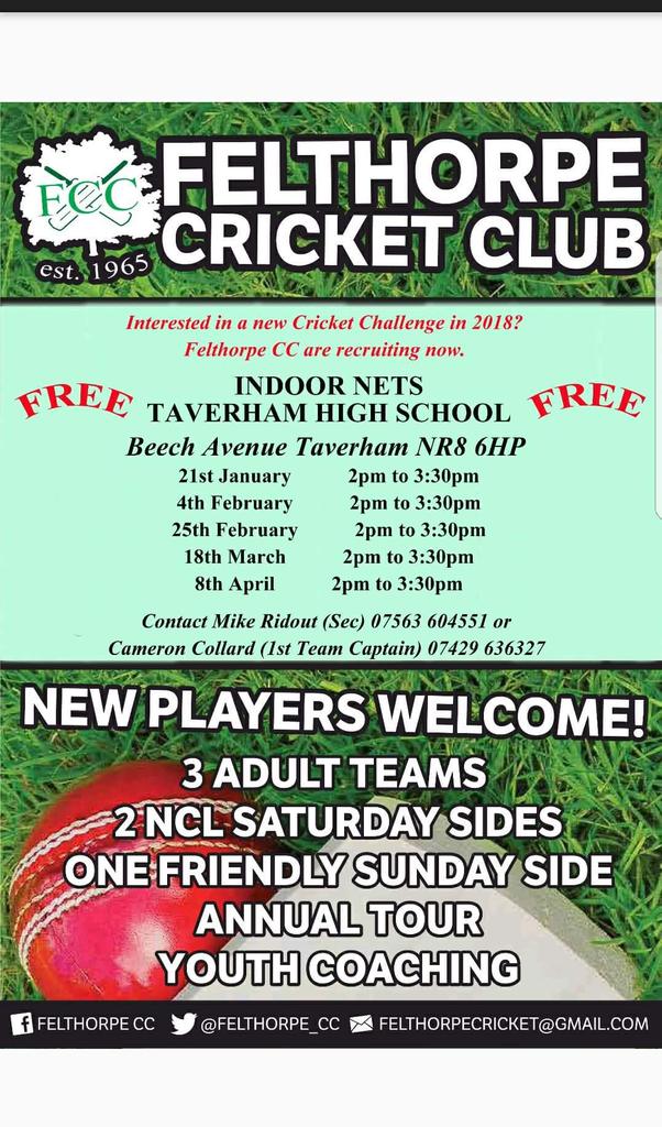 Felthorpe's nets return this weekend 2-3:30 at Taverham High School. Great turnout last time with both new and returning faces turning out to dust their cobwebs of in style. New members are always welcome and hopefully this coming session will be as successful as the last.