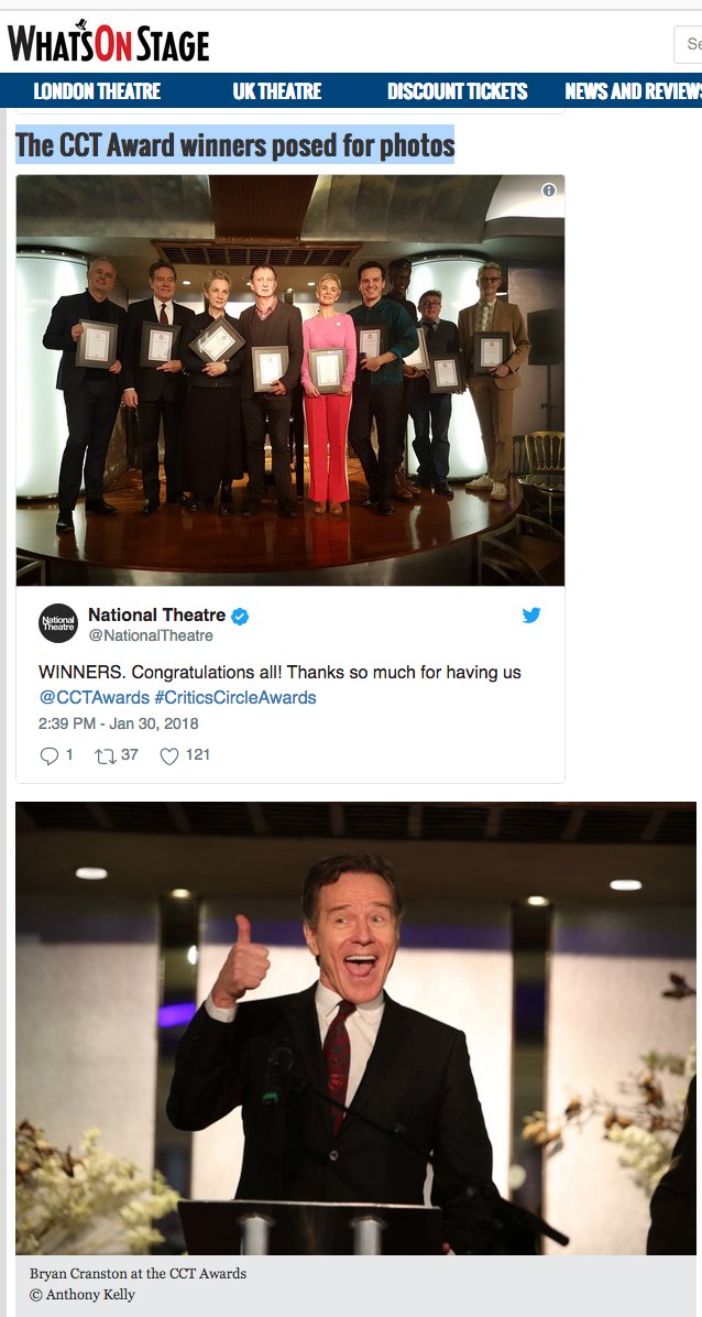 KevinWilsonPR's tweet photo. PICTURES OF THE WEEK! @BryanCranston and the other winners at the Crtitics Circle Theatre Awards on @WhatsOnStage #CriticsCircleAwards @CCTAwards #CCTA2017 https://t.co/8oYyymRU6q https://t.co/6LpI5Oo9UG