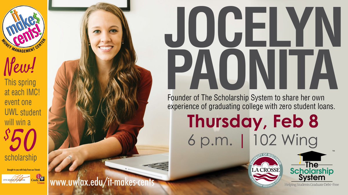 UWLFinancialAid's tweet photo. Meet and learn from Jocelyn, the founder of The Scholarship System who graduated with zero student loans on Thursday, February 8th, 6 p.m., 102 Wing. You have a chance of winning $50! https://t.co/DbpdLvm2OJ