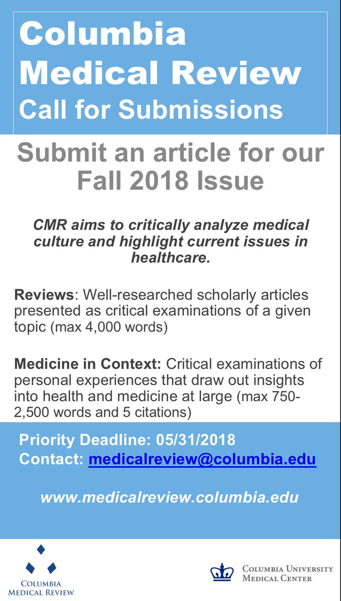 cumedicalreview's tweet photo. We invite you to Submit an Article for our Fall 2018 Issue. Deadline: May, 31st https://t.co/VDaAzefKQC