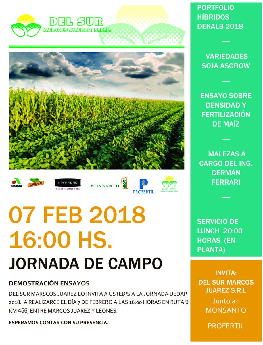 ProfertilAgro's tweet photo. #JornadadeCampo #delSurMarcosJuarez @DelSurMJ
Fecha: 7 de Febrero a las 16hs
Lugar: Ruta 9 KM 456, entre #MarcosJuarez y #Leones
#Profertil #ProfertilNutrientes #campo #agro #agroindustria #agronomia #productosProfertil #reddedistribucion #Dekalb #Nufram @DekalbArgentina https://t.co/Lm1ScD3kQ3