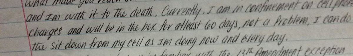 IWOC_'s tweet image. "I'm with it to the death. Currently, I am in confinement on cell phone charges and will be in the box for at least 60 days, not a problem. I can do the sit down from my cell as I'm doing now and every day."

#OperationPUSH striker, like many, put in solitary, but still resisting