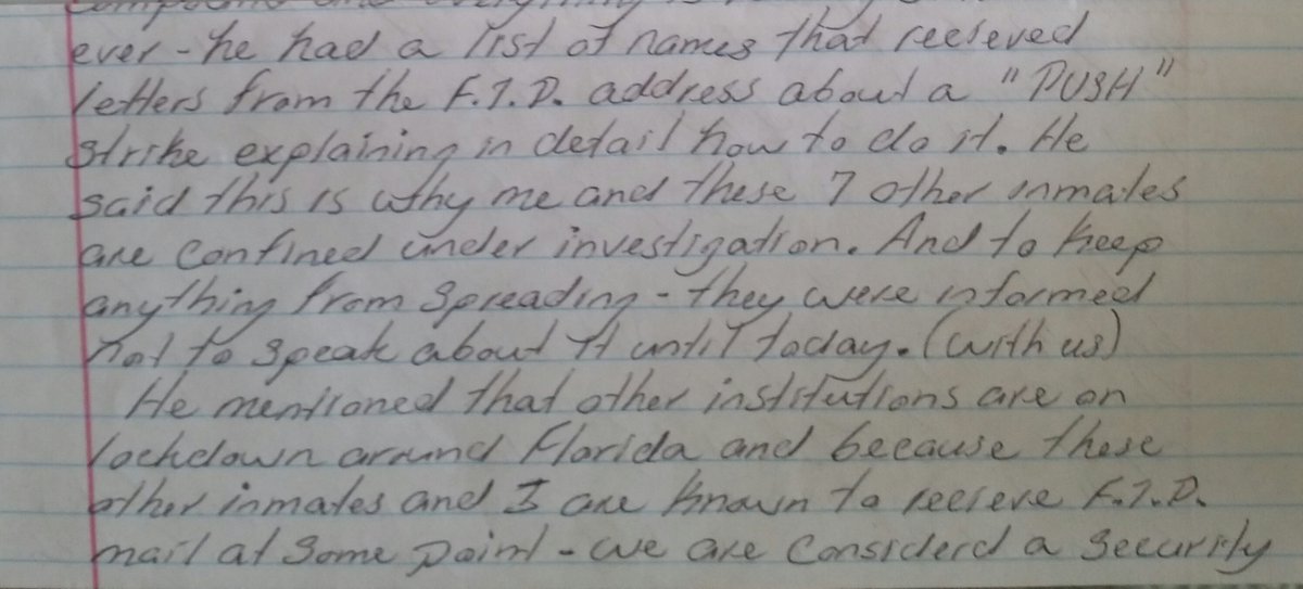 IWOC_'s tweet image. One account of 8 incarcerated workers being confined and held under investigation to try and prevent the #OperationPUSH strike 

"7 other inmates are confined under investigation....
other institutions are on lockdown around Florida..."
