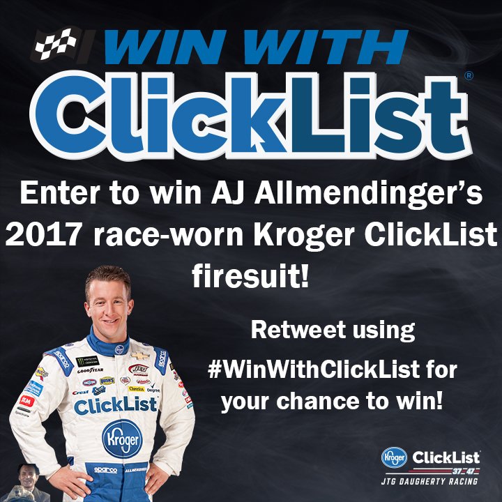 HYAKMotorsports's tweet photo. The #Daytona500 is right around the corner. What better way to celebrate than with a race-worn @AJDinger @Kroger #ClickList firesuit? 

All you have to do is follow us, RT and use #WinWithClickList! That’s it! The winner will be picked on Tuesday, Feb. 20 at 11 amET. Good luck! https://t.co/1x31ze1bwI