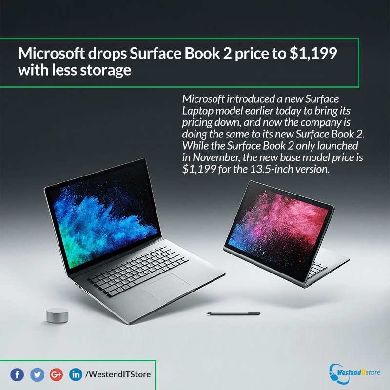 WestendITStore's tweet photo. @Microsoft drops Surface Book 2 price to $1,199 with less storage
The new model has 128GB of storage, but it’s $300 cheaper.

Buy Laptops from us:
https://t.co/kIL3zZp88X

#Microsoft #Surface_Book_2 #Laptop #Technology #WestendITStore https://t.co/gOaKlogzYO