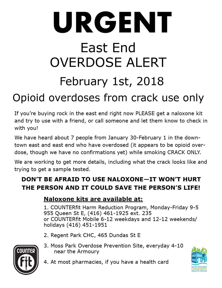 Michael Garron Hospital (@mghtoronto) on Twitter photo #URGENT notice shared by <a href="/SRiverdaleCHC/">South Riverdale CHC</a> on opioid use in our community. Pick up a Naloxone kit and don't use alone. <a href="/WoodGreenDotOrg/">WoodGreen Community Services</a> <a href="/SETorontoFHT/">SouthEastTorontoFHT</a> <a href="/eastendchc/">East End Community Health Centre</a> #TorontoEast #URGENT notice shared by <a href="/SRiverdaleCHC/">South Riverdale CHC</a> on opioid use in our community. Pick up a Naloxone kit and don't use alone. <a href="/WoodGreenDotOrg/">WoodGreen Community Services</a> <a href="/SETorontoFHT/">SouthEastTorontoFHT</a> <a href="/eastendchc/">East End Community Health Centre</a> #TorontoEast