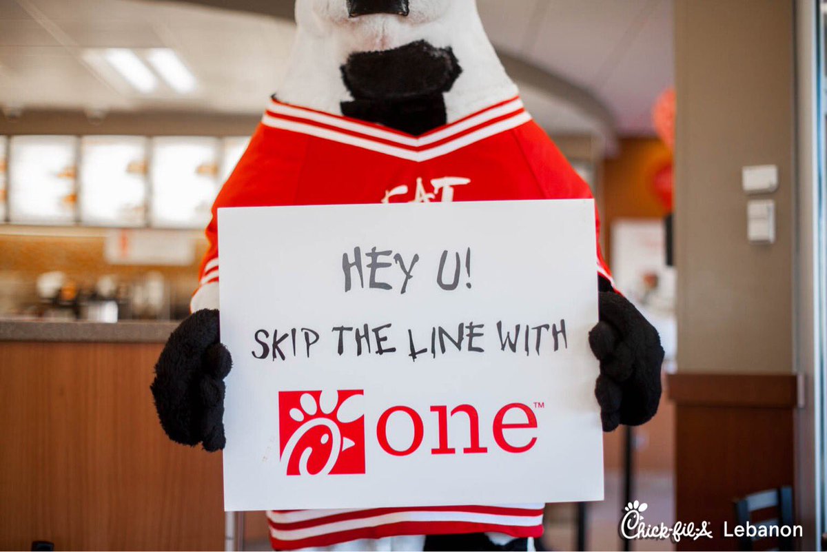 CFALebanon's tweet photo. Don’t be discouraged by a long line at #CFALeb; just skip it! If you aren’t using the #CFAOne app yet, you’re missing out on free food & the ability to get your food faster! #LebanonTN https://t.co/QbGMqjNTid