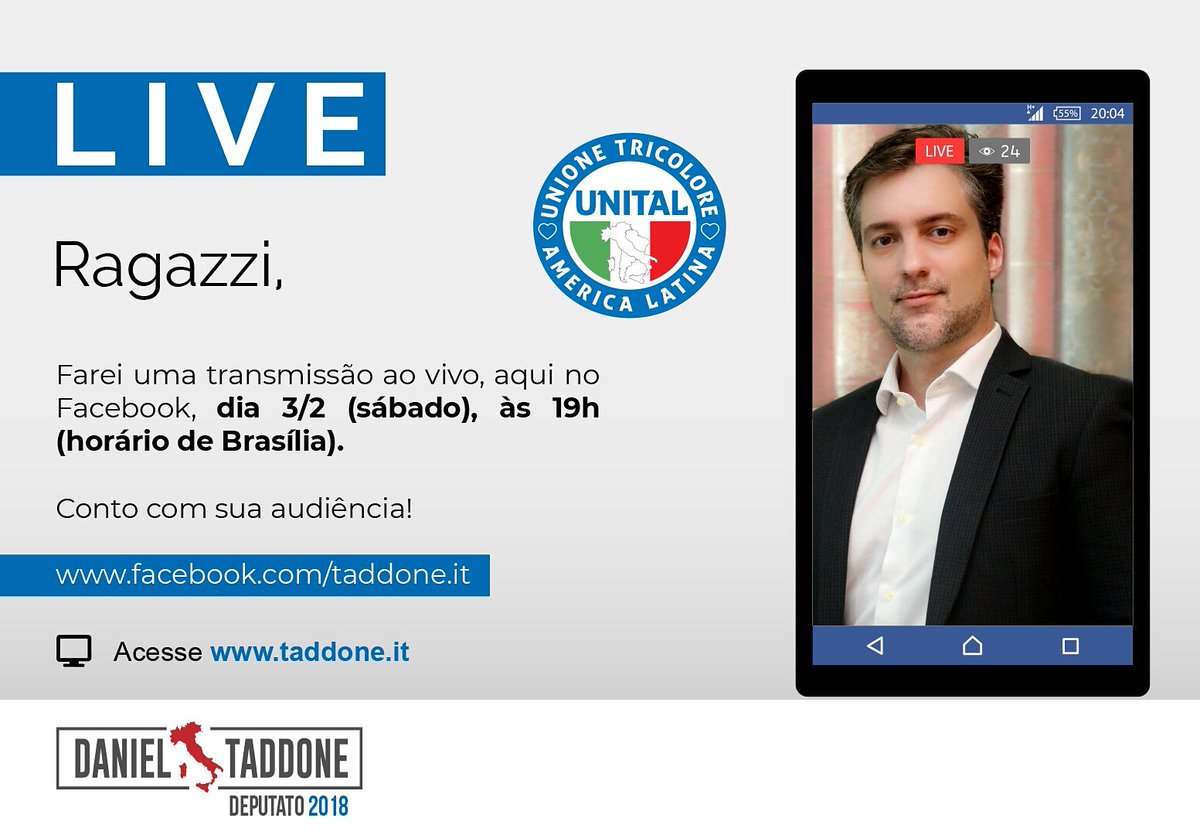 danieltaddone's tweet photo. AMANHÃ, 03/02, às 19h de Brasília, vamos fazer mais uma LIVE! Acesse https://t.co/tBS09ZCp3X mande perguntas na transmissão ao vivo! Vou responder dúvidas sobre #cidadaniaitaliana e #Eleiçõesitalianas . Convide sua família e amigos aqui nos comentários. #Taddone #UNITAL https://t.co/BRkJ93DjmY
