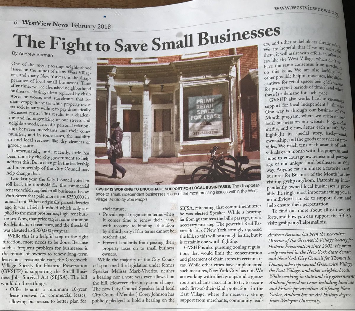 _TomOKeefe_'s tweet photo. Happy to see #AndrewBerman of @GVSHP featured in the @WestViewNews on the subject of #SavingSmallBusinesses in #NYC – here’s to the #SmallBusinessJobsAndSurvivalAct #SBJSA https://t.co/xcNcONOp8G