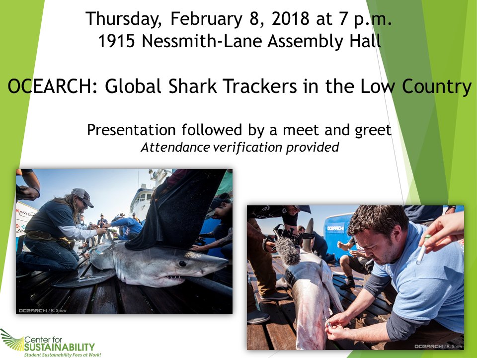 sustainsouthern's tweet photo. Global Shark Trackers in the Low Country! Georgia Southern’s Center for Sustainability invites you to a presentation about the OCEARCH North Atlantic White Shark Research Expedition, given by the expedition’s lead investigators. #CfS #GeorgiaSouthernUniversity https://t.co/l4z87EfU0G