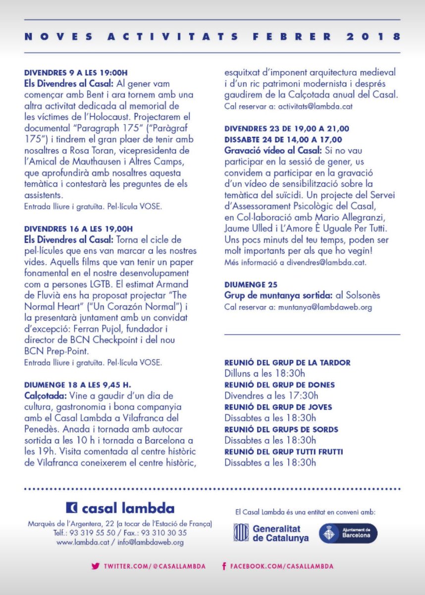 Agenda del mes de #febrer, arriba el #Carnaval!! Activitats: cicle de pel.lícules amb "Els divendres al Casal", #calçotada, gravació del vídeo de sensibilització de la temàtica del suïcidi, sortida de #muntanya i les reunions habituals dels grups!