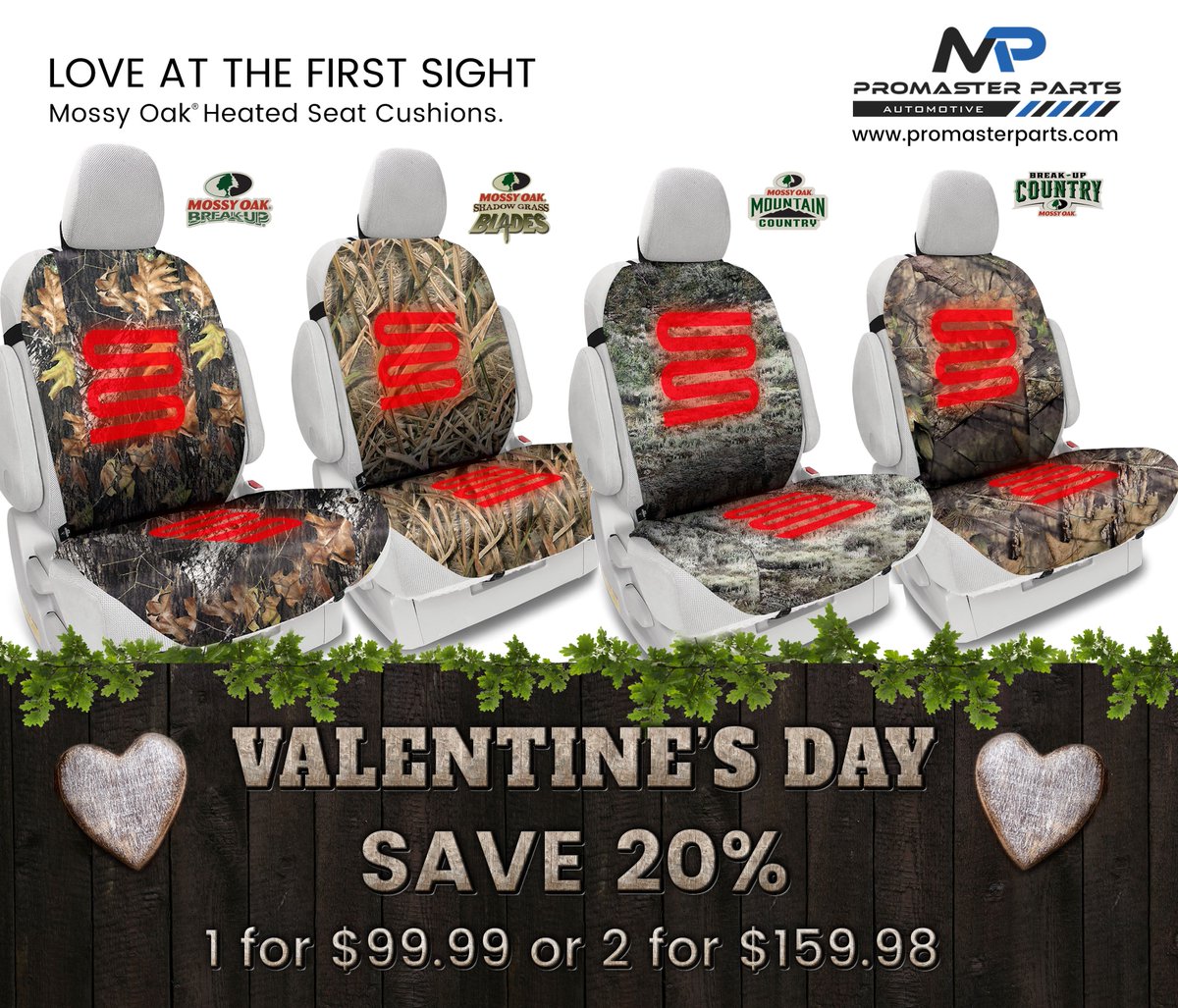 ProMasterParts's tweet photo. Love at first sight 😍 @MossyOak heated seat cushions, buy 2 & save 20%! Because we love to see a happy pair 😉 #MossyOak #ProMasterParts #ValentinesSale #Save20percent #automotive #seatheater #lovecamo #hunting #camofashion #seatcovers #seatprotection https://t.co/UxOvga30Pn https://t.co/yiXqoErHYE