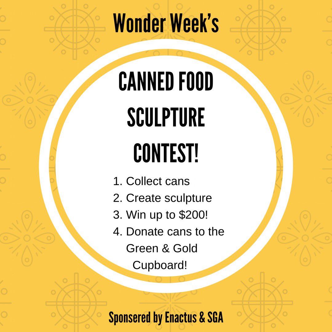 ATUSGA's tweet photo. There is still time to sign up for the canned food sculpture contest. 

Organizations can sign up until Sunday at 10pm by emailing msmith126@atu.edu. https://t.co/VmrNfMKHsc