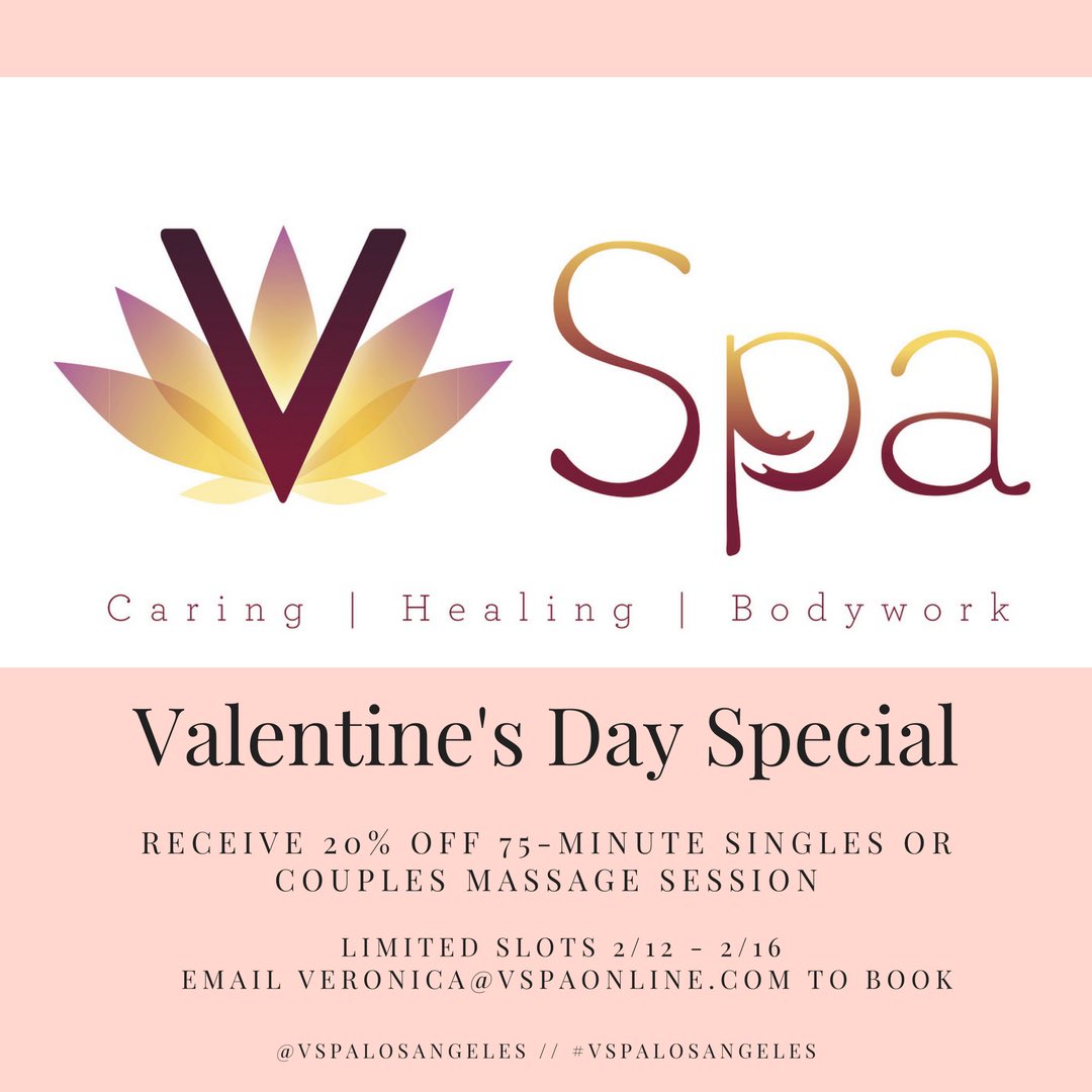 VSpaLosAngeles's tweet photo. Just Announced! 🎉 #ValentinesDay massage special = 20% off + complimentary champagne. 🥂 Book now: https://t.co/mblsZvX7DZ https://t.co/clYm3H9vat