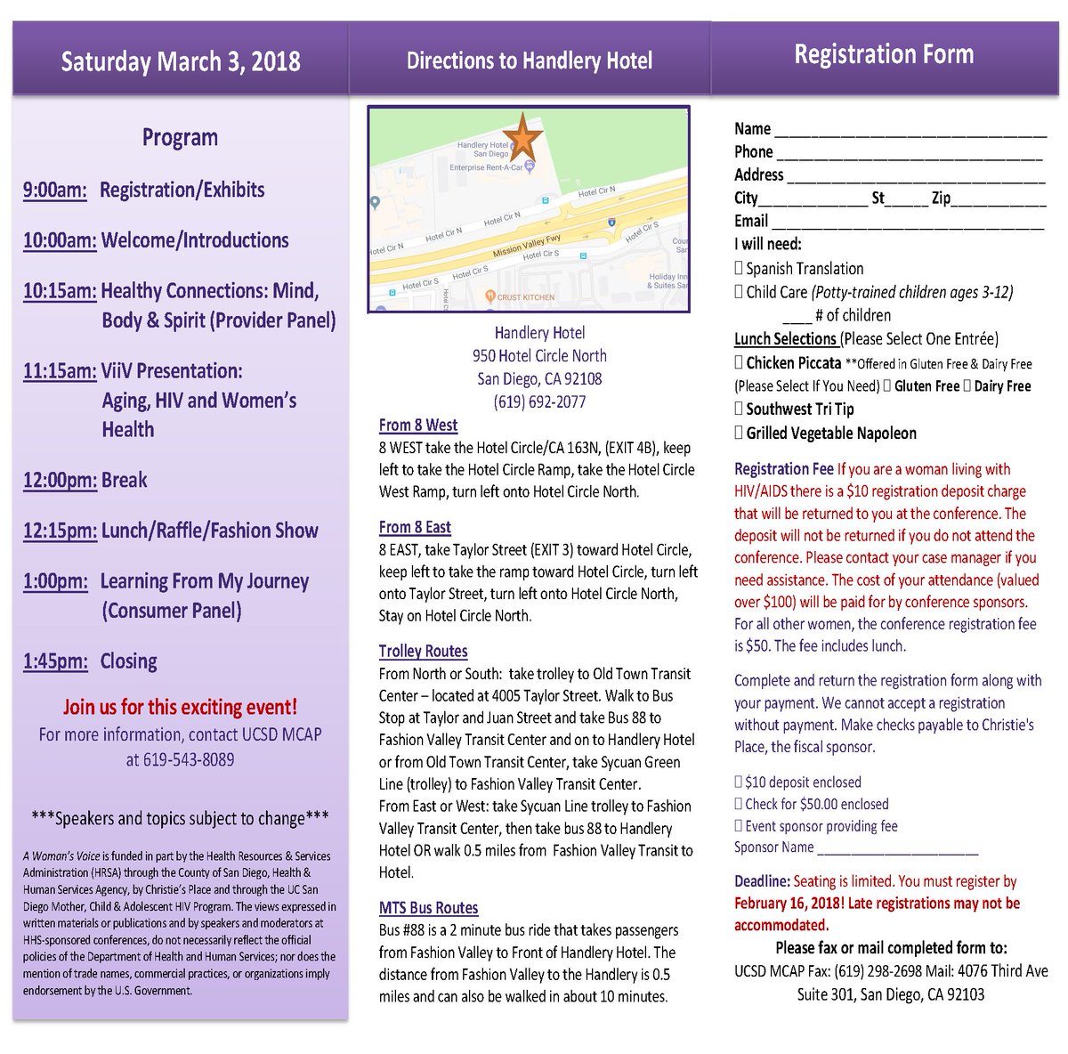 UCSDAVRC's tweet photo. A Women's Voice 2018 conference is on 3/3/18 from 9:00am-2:00pm and will address #HIV awareness, life skills, prevention, treatment, and advocacy. Registration is required by February 16. For more info, call the UCSD MCAP at (619) 543-8089. https://t.co/Dd2HdoTddu