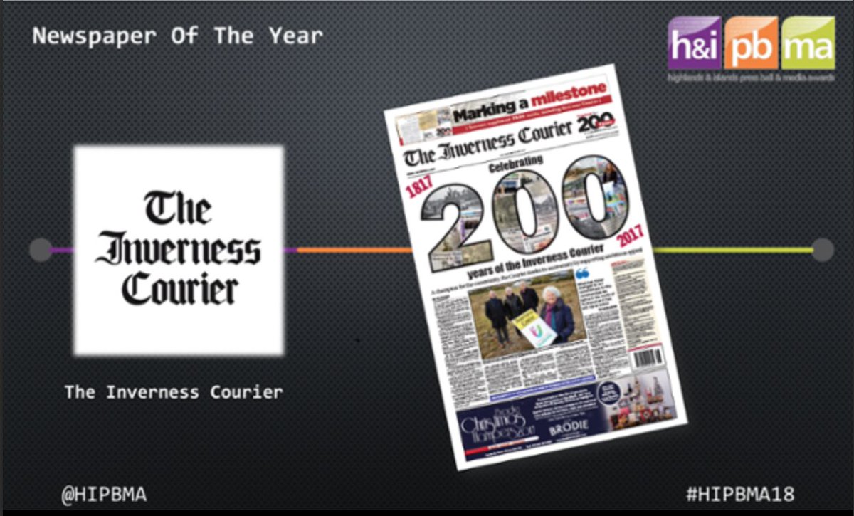 HIPBMA's tweet photo. Drum roll please… your #HIPBMA2018 Newspaper of the Year is #InvernessCourier! Well done everyone @InvCourier 🍾🎉 https://t.co/6eHQE4UgBi