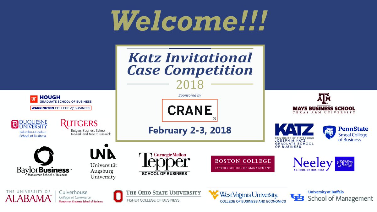 KatzPittBiz's tweet photo. We are happy to welcome teams from across the United States to the 2018 Katz Invitational Case Competition! Follow along on social media and be sure to use the competition filters on Snapchat! Follow us at katzpittbiz. https://t.co/GcSj8mvX3Q