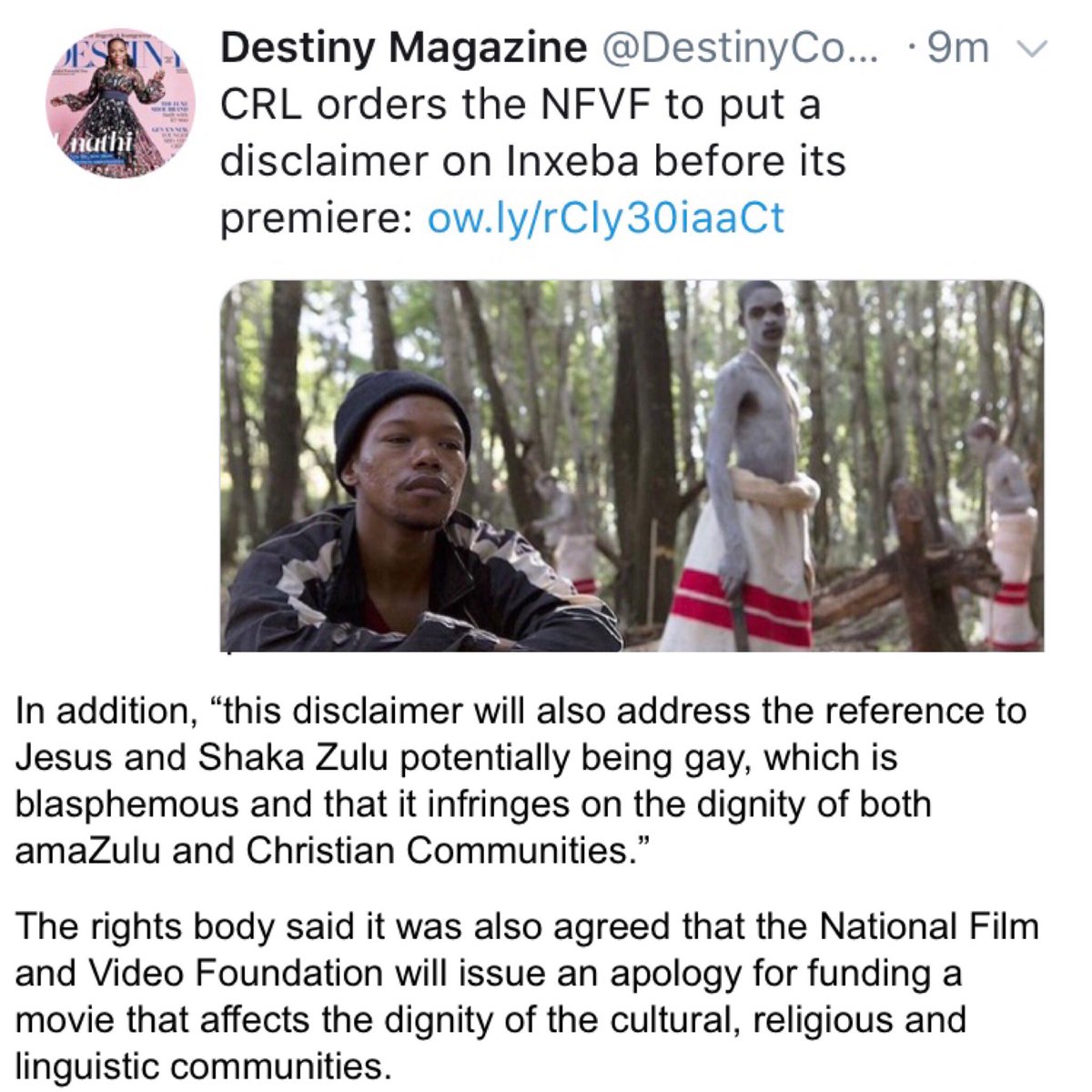 This is an absolute distortion of the outcome of NFVF’s engagements with CRL, <a href="/FPB_ZA/">Film and Publication Board</a> and the Inxeba Distributors on the matter. NFVF will be issuing a statement to clarify. <a href="/DestinyConnect/">Destiny Magazine</a> <a href="/nfvfsa/">National Film & Video Foundation #NFVF</a>