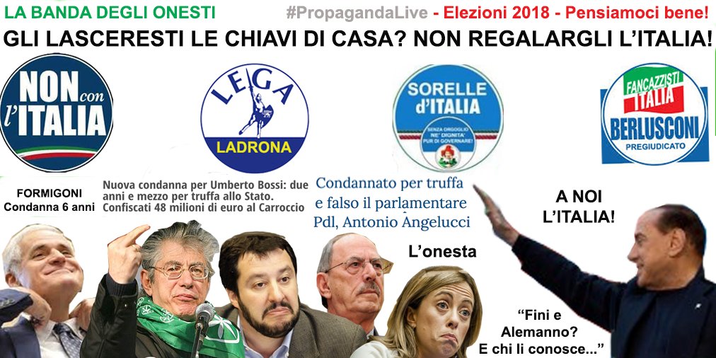 PasquinoStufo's tweet photo. @Berlusconi e la banda degli onesti 🤮#Bossi #Formigoni #Angelucci #Salvini #Meloni @NoiConSalvini #ForzaItalia #QuartaGamba (anche detta cetriolo) #Elezioni2018 #PoveraItalia @welikeduel Gli lasceresti le chiavi di casa? Non regalargli l’Italia! #MovimentoArturo #PropagandaLive https://t.co/4JU30S9YvA