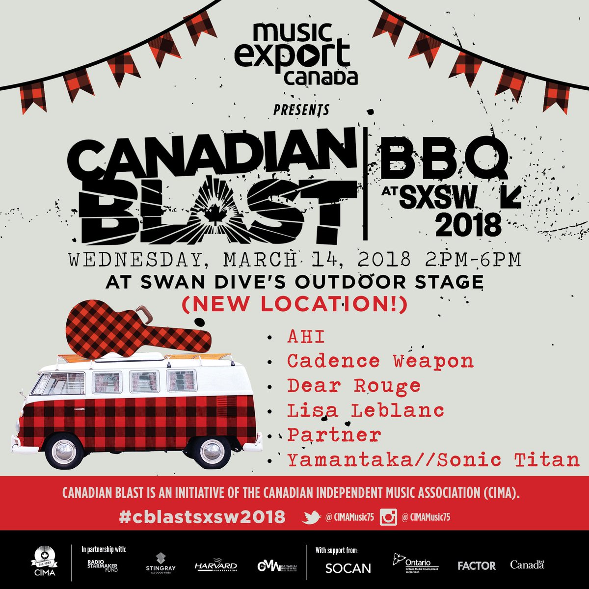 CIMAmusic75's tweet photo. In just over one month our legendary Canadian Blast BBQ will be returning to Austin, TX as the kickoff for Music Export Canada’s mission at SXSW! Click the link below to see the stellar lineup! #cblastsxsw2018
https://t.co/ePEZOcmOHW https://t.co/dIZ5AkI97N