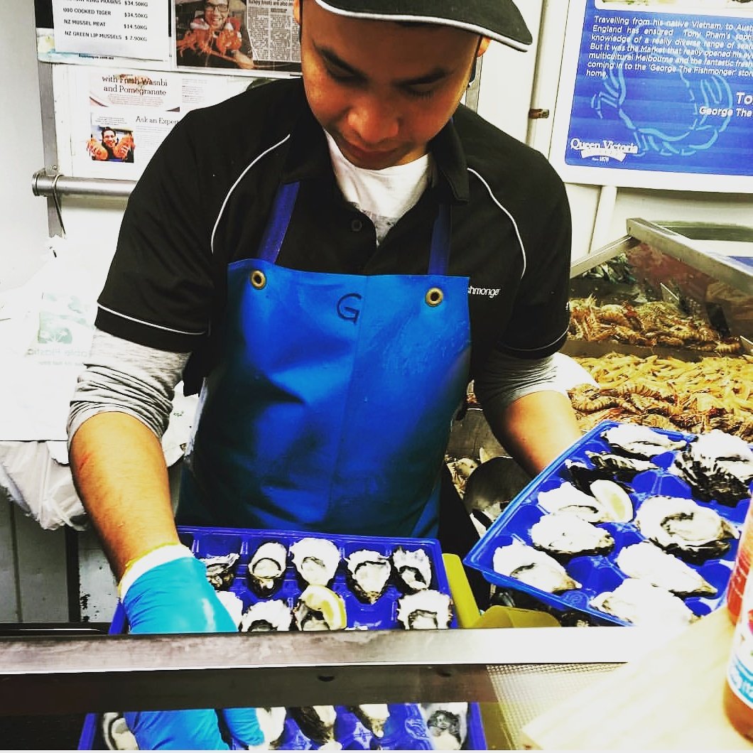 aus_seafood's tweet photo. Looking for the oysters? Visit #georgethefishmonger - our team promise your in for a tasty treat! 

Open today at @vicmarket till 3
📷 @talesofapoachedegg 

#queenvictoriamarket #gtfm #georgethefishmonger #coffinbay #lunch https://t.co/ixlqo6yDpl