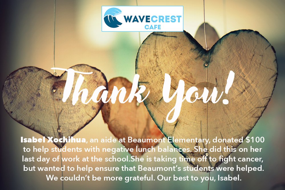 We're floored to learn that Isabel Xochihua, an aide at <a href="/BeaumontBear/">Beaumont Bear</a> , donated $100 to help pay off students' negative lunch balances. She did this on her last day before taking time to continue her fight against cancer. Thanks you doesn't begin to express how we feel. #WAVE