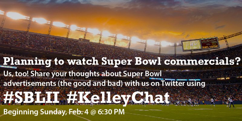 IUIndianapolis's tweet photo. Join the conversation! 💬 🏈
Talk #SuperBowl commercials w/ @KelleyIndy SUNDAY using #KelleyChat, 6:30 p.m. #SLBII https://t.co/IsiHO6jcFH