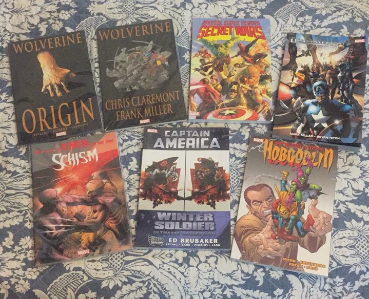 thetimzster's tweet photo. For #ShowandTellSaturday, the Mighty #Marvel TPBs I got so far from @filbarsonline's BIG SALE. I never imagined I would have owned #SecretWars, but there it is along w/ a few other nuggets like #Ultimates2, #XMenSchism, #Wolverine, #CaptainAmerica, & #SpiderMan. Good Stuff!👍🏻 https://t.co/t8tth57Bza