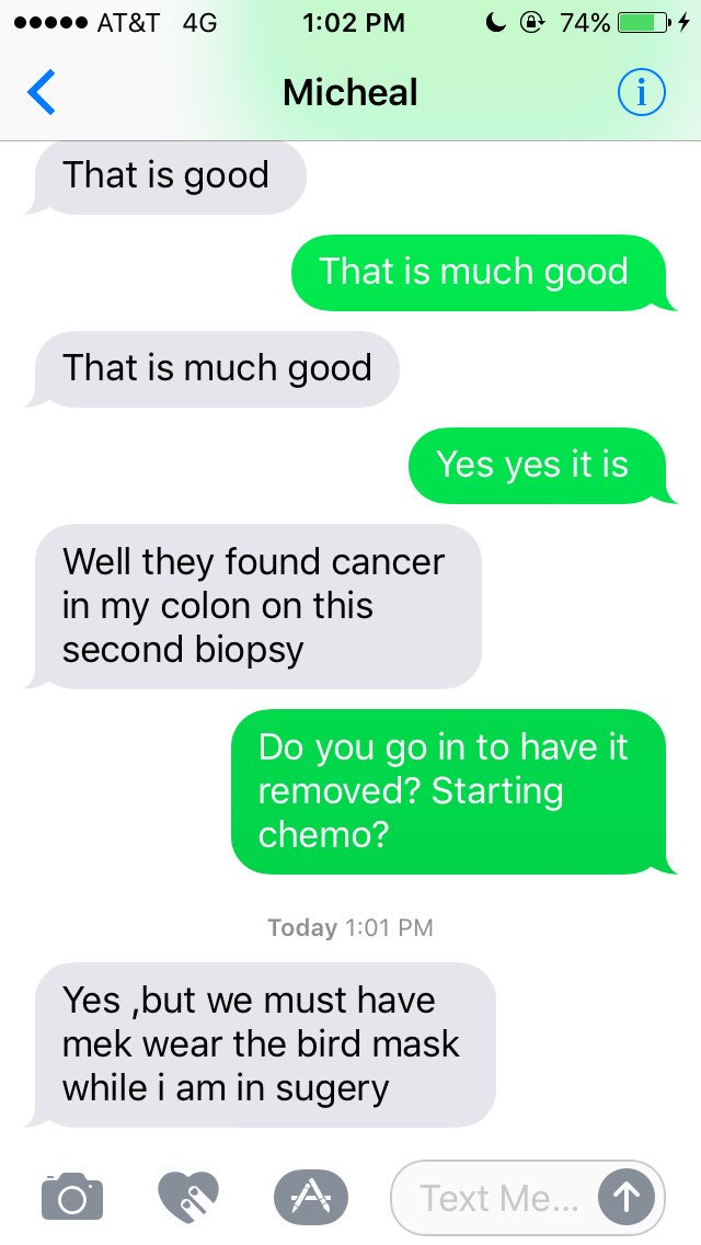 Prattsky13's tweet photo. Today my cousin, one of my best friends in this world, was diagnosed with cancer. Instead of being sad, he asked for @Rae_McQuen. Then is excited for weight loss. #BOYWHAT https://t.co/WxXPFFLOiF