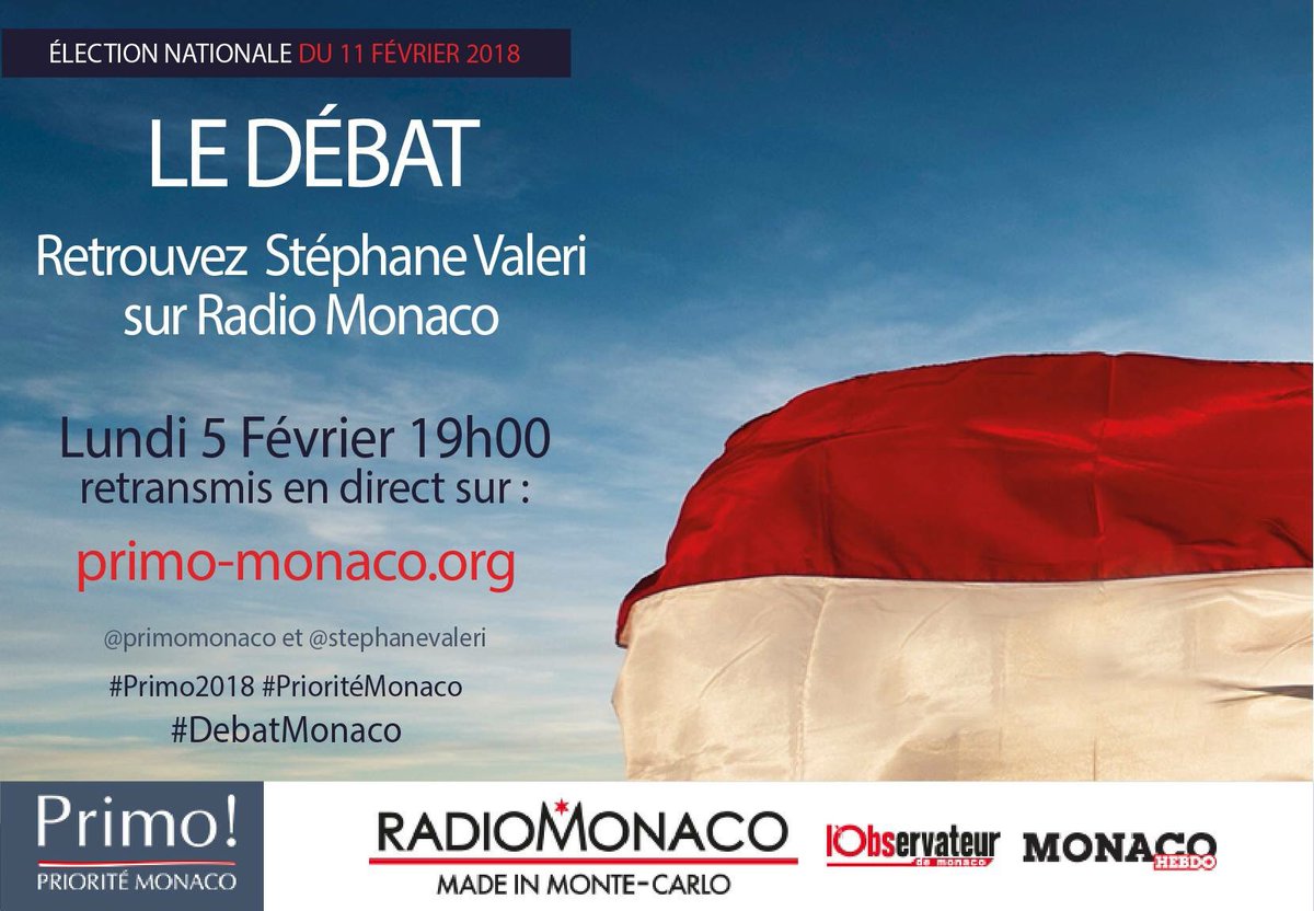 David_Wigno's tweet photo. Entame ce lundi 5 février de la dernière ligne droite @PrimoMonaco avec @stephanevaleri avec le 1er véritable débat politique en direct en Principauté #Monaco #politique #DebatMonaco #ElectionNationale2018 #Primo2018 @RadioMonacoFM @Monaco_Hebdo @LObsdeMonaco https://t.co/rKkXeOdOGR