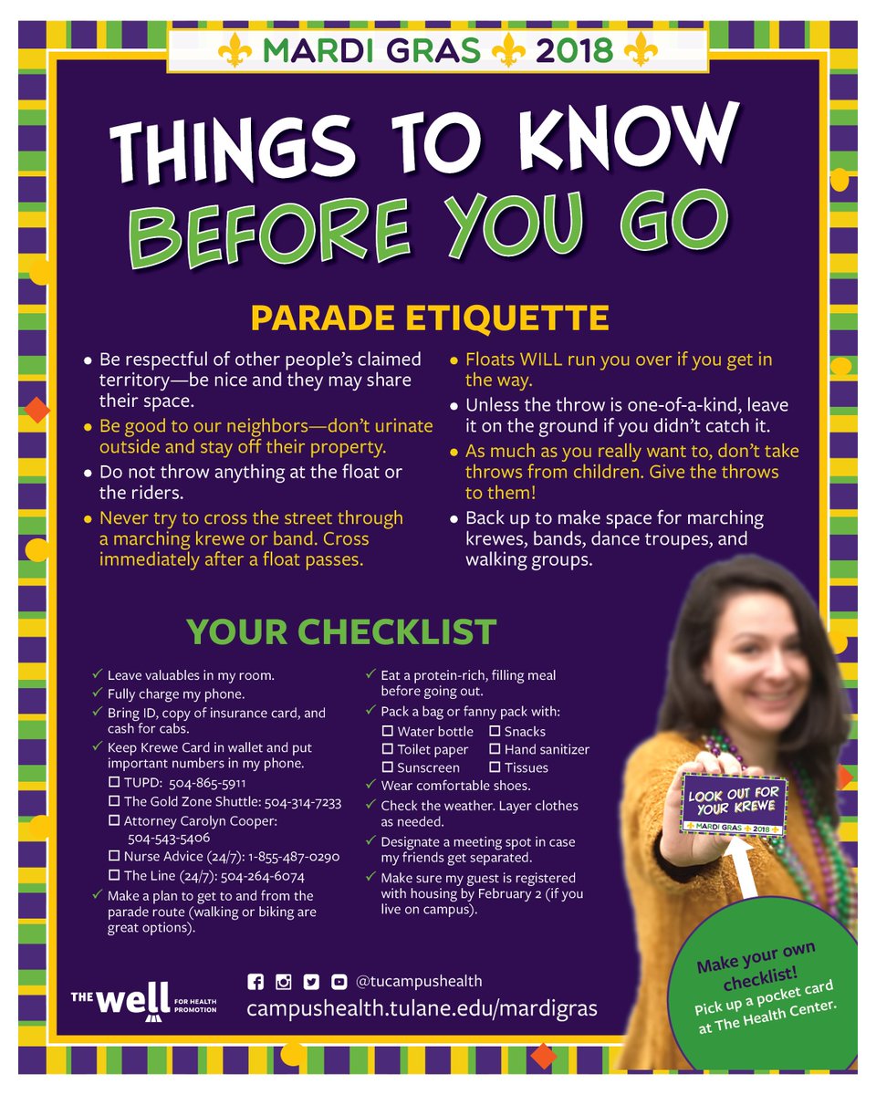 It's Carnival time! These Mardi Gras "Things to Know Before You Go" tips for parade etiquette and checklists are essential to having a great time at the parades. Share with your friends and guests!
Learn more at campushealth.tulane.edu/mardigras.