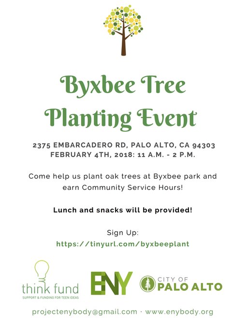 thinkfundPA's tweet photo. Come help Think Funded, @ProjectEnybody plant trees at Byxbee Park this upcoming Sunday, 2/4! Food &amp; refreshments will be provided. #CommunityService #PaloAlto #Teens https://t.co/GN7XkpBMsV