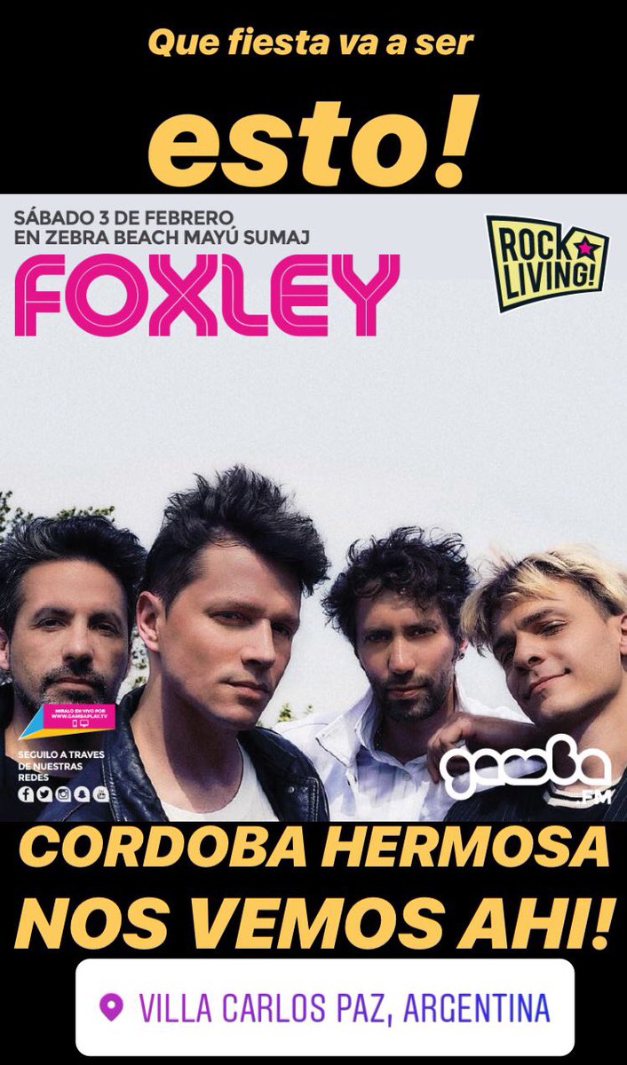 FOXLEYoficial's tweet photo. Sabado entre 15 y 16 horas
Parador #ZebraBeach #VillaCarlosPaz #RockLiving @gamba1063 🙌🏻🎉 https://t.co/wu5kLe9575