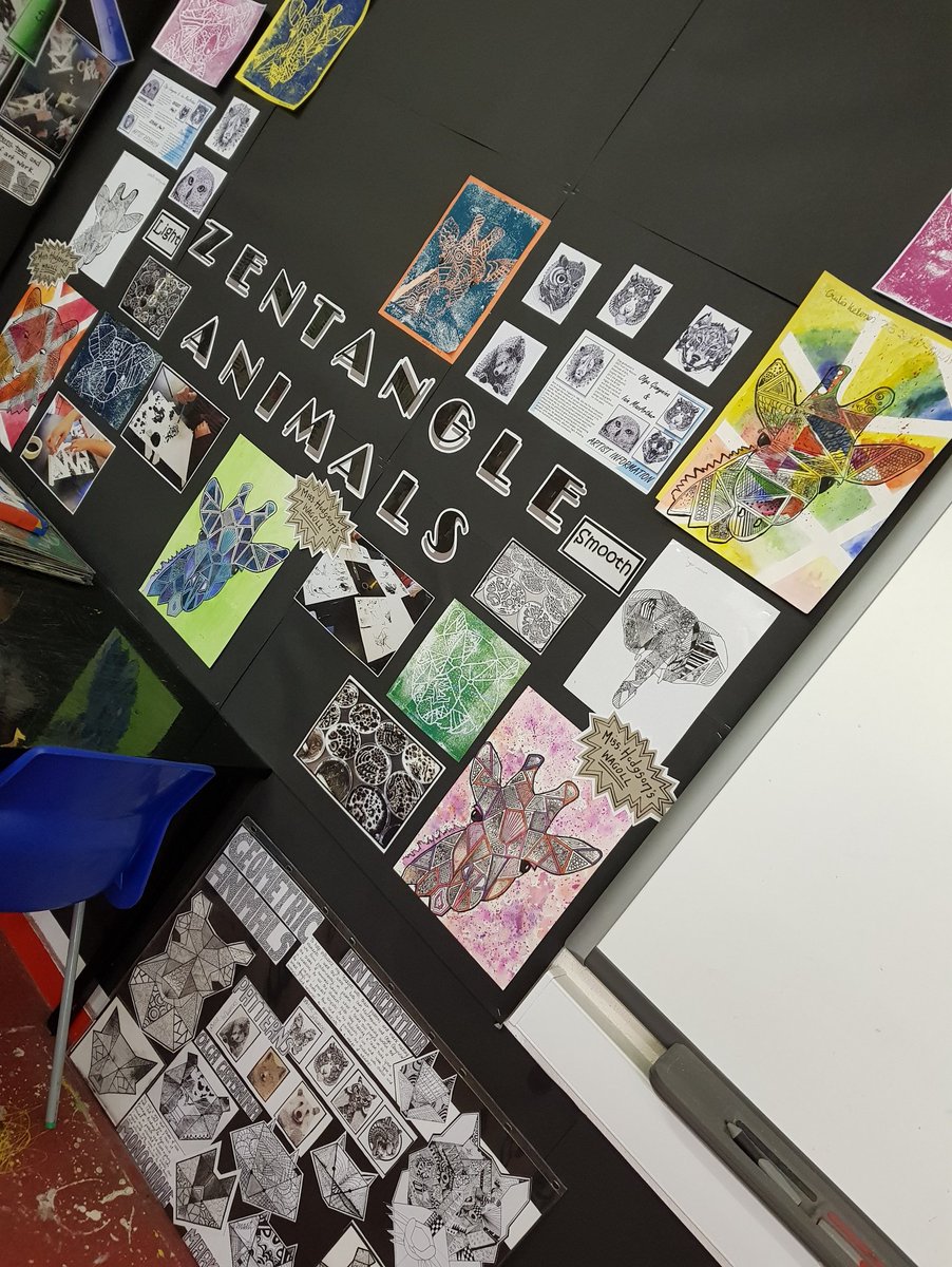 WestleighArt2's tweet image. A little snippet of all the work slowly going up in my room, a work in progress but it's getting there! 👍 @WestleighHigh #year7 #zentangleanimals