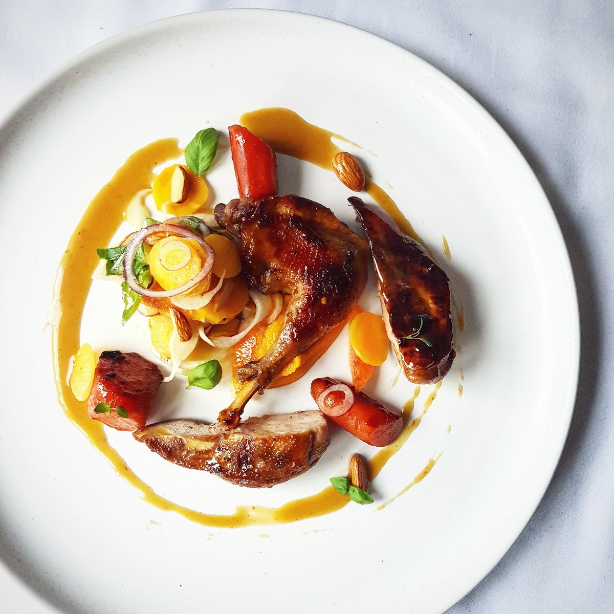 Phesasant braised in orange jus with carrot, fennel, and almond salad be sure to #follow <a href="/brokedinner/">Kareem Roberts</a> on #instagram for more #food #foodporn #chefsofinstagram #delicious #recipe #foodandwine #finedining #foodlover #thestaffcanteen