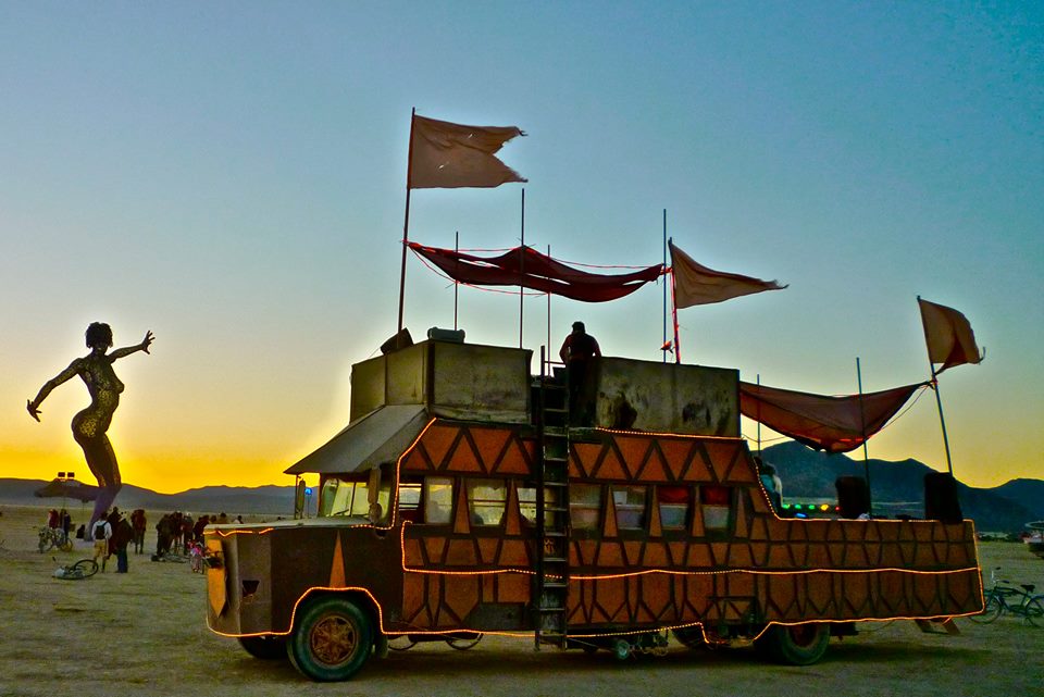 From way way back -- Early days before the shields on the barge were individually lit! #fbf #jankybarge #burningman #blackrockcity #BRC #playa #artcar #mutantvehicle