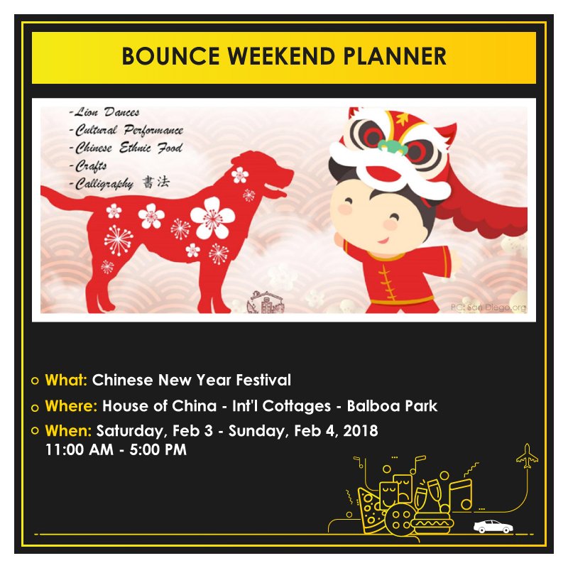 joinbounce's tweet photo. Bounce Weekend Planner: Get a dose of authentic Chinese culture at the Chinese New Year Festival in @BalboaPark. #RideWIthBounce #HappyWeekend #WeekendPlanner #SanDiegoEvents #JoinBounce https://t.co/rASod2WFxs