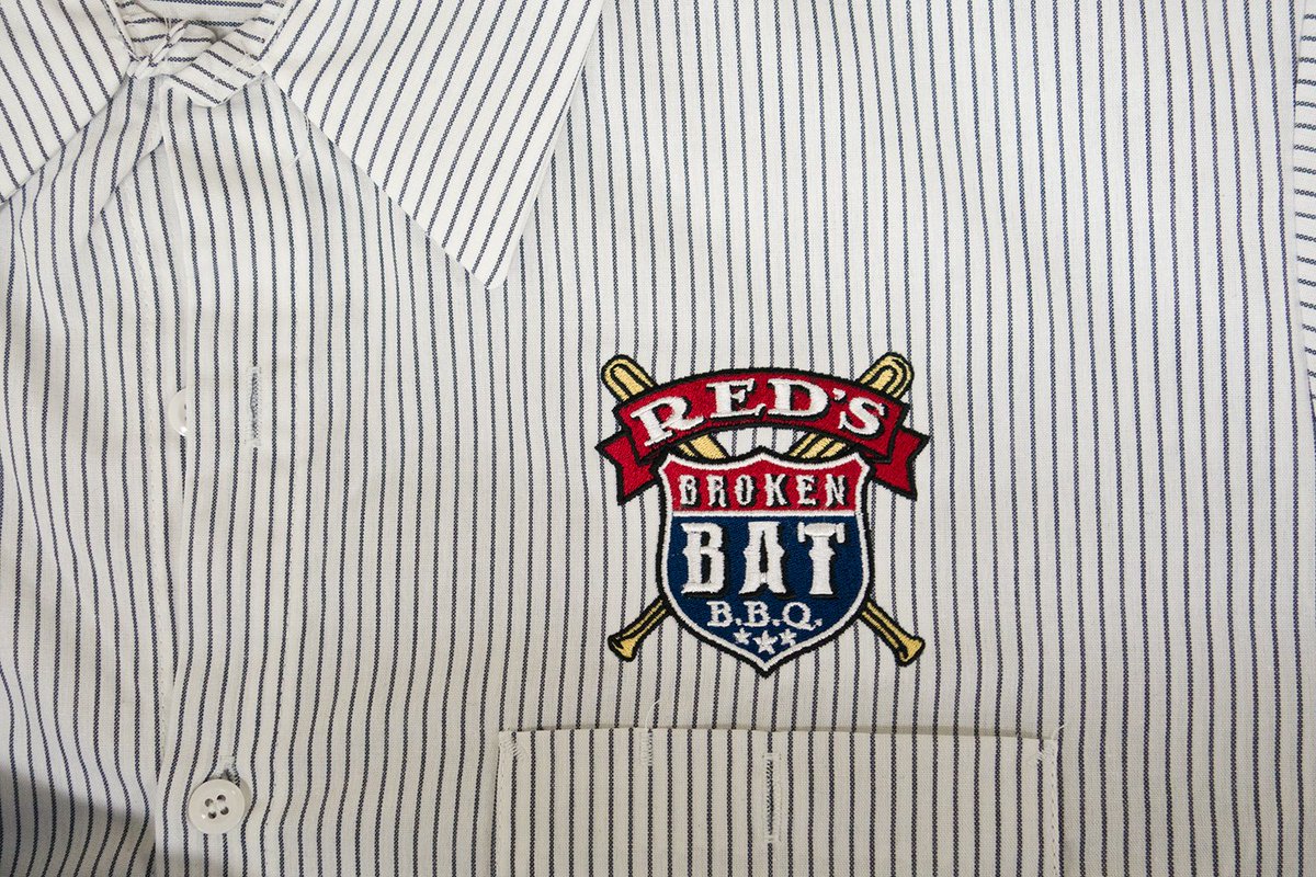 Embroidered shirts for the staff at Red's Broken Bat BBQ #embroidery #chicoca #bbq #staff