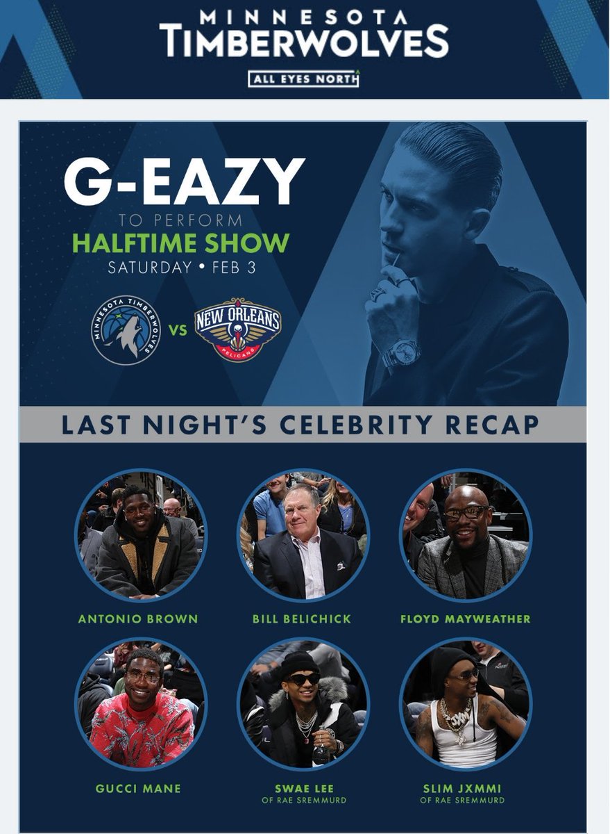SB52guide's tweet image. My phone just tried to autocorrect @Timberwolves to @jtimberlake - anyway, @G_Eazy is playing at the Twolves halftime Saturday 🎶